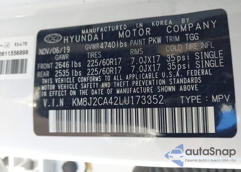 2020 Hyundai Tucson Se z USA, uszkodzony, nr VIN KM8J2CA42LU173352